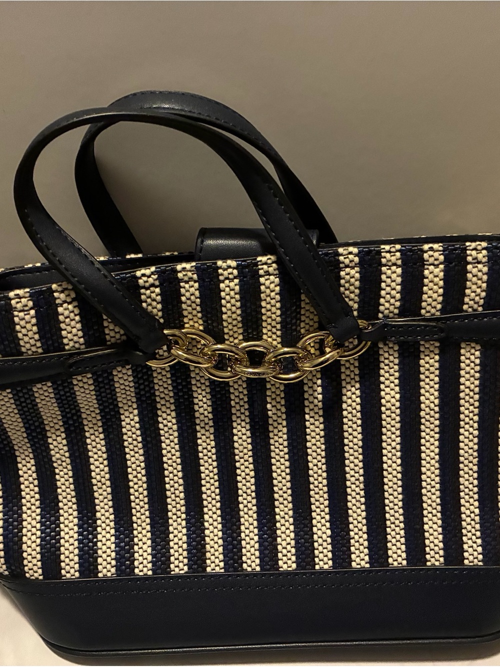 Striped Navy and Cream Shoulder Tote with Gold Chain Accent